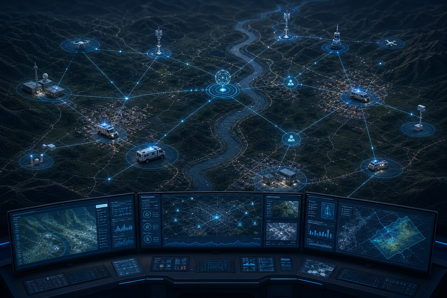 Sentinel Control Center con mappa operativa, nodi LoRa e risorse coordinate sul territorio